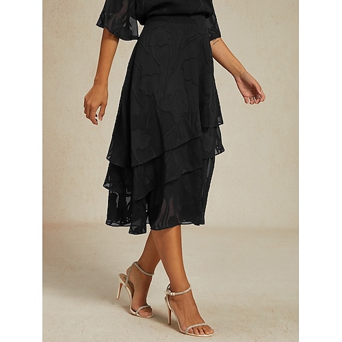  Dame الالتفاف Elegant Midi Medium Midje Skjørt Blomster Multi Layer Uelastisk Fest Avslappet Svart Sommer Chiffon