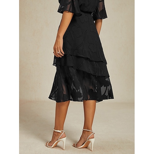  Dame الالتفاف Elegant Midi Medium Midje Skjørt Blomster Multi Layer Uelastisk Fest Avslappet Svart Sommer Chiffon