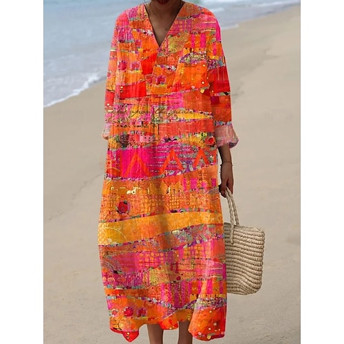  Robe mi-longue femme à col en V manches longues caftan léger coupe ample robe évasée décontractée boho sortie graphique géométrique à rayures manches longues col en V rouge orange noir jaune rose