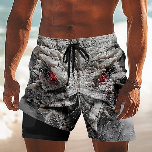  Per uomo Animale Drago 3D Pantaloncini foderati Pantaloncini da bagno 2 in 1 Pantaloncini da mare Misura del girovita medio Stile gotico oscuro Ferie Tasche Laterali Con Fodera a Compressione