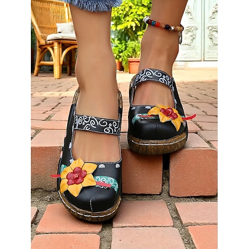  Damen-Slipper-Clogs aus lila geblümtem Leder mit 3D-Blumenapplikation – bequeme Vintage-Schuhe im Bohème-Stil für die Freizeit, Gartenarbeit und Reisen