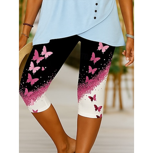  Women's Leggings Elegant Vacation Fashion Capris High Waist Graphic Butterfly Glitter Shine Stretchy Outdoor Vacation Causal Yellow Pink Blue Summer Spring Skinny