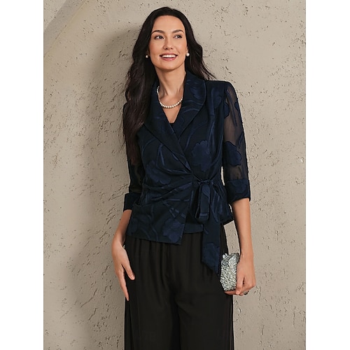  Dames Overhemd Blouse Bloemig Elegant Stijlvol 3/4 mouw V-hals Normale tops Werk Dagelijks strik voorkant Geklede tuniek Asymmetrisch Marineblauw Zomer Lente Herfst