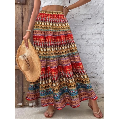  Damen Rock A-Linie Bohemien Vintage Lässig Maxi Hohe Taille Röcke Blumen Druck Mikroelastisch Urlaub Straße Gelb Rote Sommer Polyester