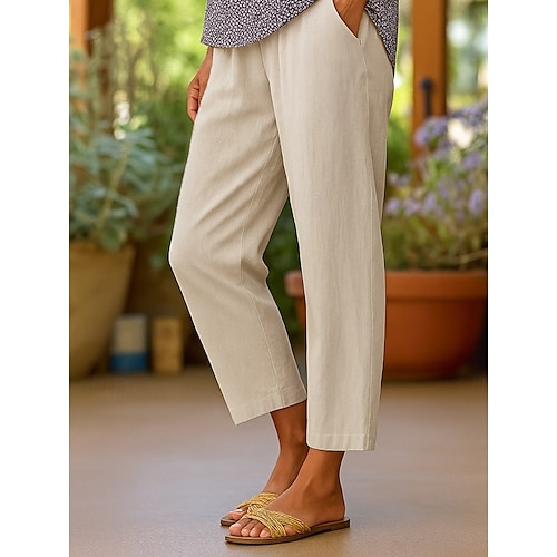  Women's Cotton Pants Vacation Vintage Ethnic Style Ankle-Length High Waist Plain Comfy Breathability Soft Micro-elastic Army Green Dark red Black White Summer Spring Loose Fit