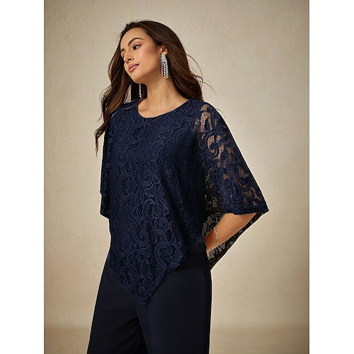  Women's Blouse Dressy Tops Plain Elegant Half Sleeve Crew Neck Regular Tops Wedding Guest Daily Lace Patchwork Layered Navy Blue Summer Spring