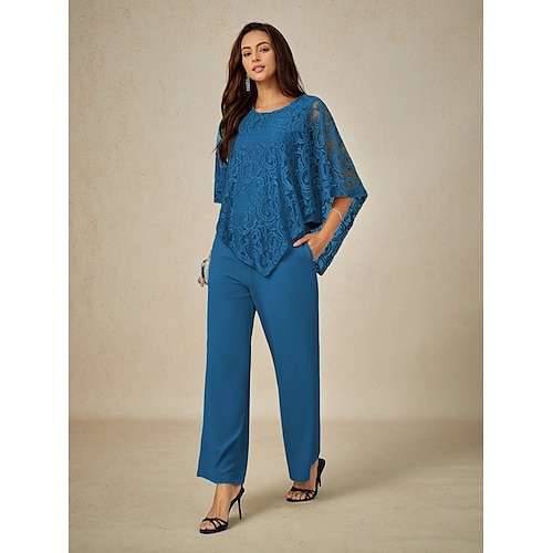  Women's Blouse Dressy Tops Plain Elegant Half Sleeve Crew Neck Regular Tops Wedding Guest Daily Lace Patchwork Layered Blue Summer Spring