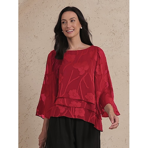 Dames Kanten overhemd Blouse Geklede topjes Chiffon-topjes Effen Kleur Bloemig Elegant Stijlvol Casual Halve mouw Flutter mouw Boothals Normale tops Bruiloft gast Werk Dagelijks Asymetrische zoom Wijn