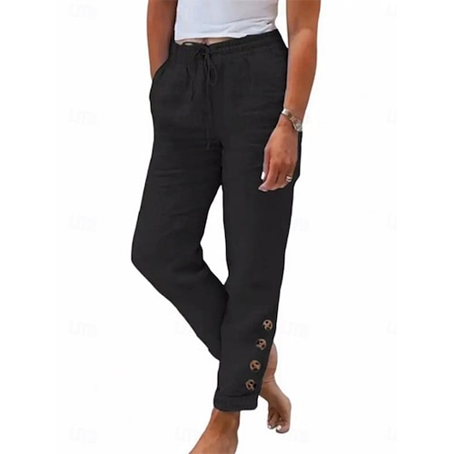  Femmes Pantalon en coton et lin Chinos Vacances ancien Mode Longueur complète Taille haute Uni Avec Poches Ceinture Élastique Confortable Doux Micro-Élastique Extérieur Rue Noir Blanche Vert clair