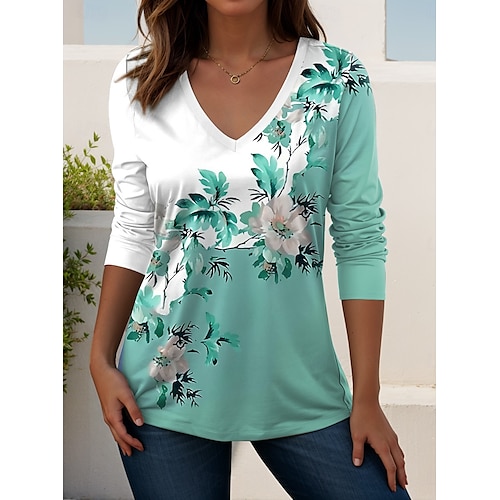  Femmes T-shirt Fleuri Graphique Plantes ancien Élégant Classique manche longue Col en V Hauts Réguliers Quotidien Sortir Week-end Imprimé Vert Claire Bleu Bleu Ciel Violet Vert Printemps Automne