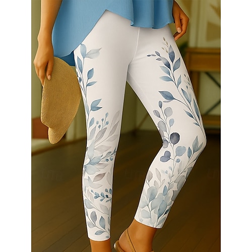  Women's Leggings Vacation Vintage Ethnic Style Ankle-Length High Waist Floral Graphic Leaf 3D Print Quick Dry Breathability Soft Stretchy Outdoor Home Causal Blue Purple Green Summer Spring Fall Slim