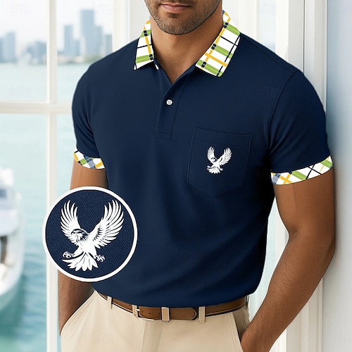  Men's Golf Shirt Pique Polo Shirt Business Casual Ribbed Polo Collar Short Sleeve Fashion Basic Solid Color Plaid Buttons Logo Summer Spring Spring &  Fall Regular Fit Yellow Navy Blue Green Golf
