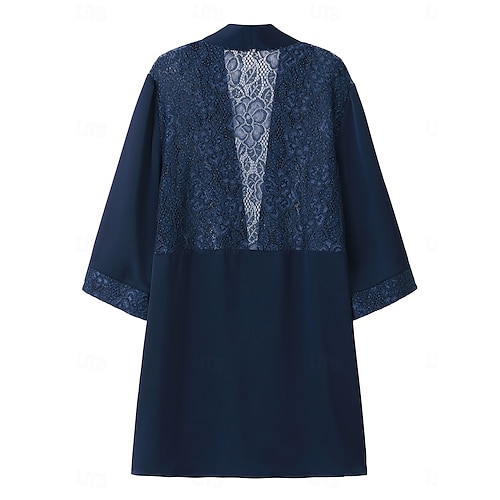 Dámská přehozová bunda s krajkou, elegantní, módní, formální, formální, svatební, večírek, večírek, otevřený střih, dlouhá, bez límce, volný střih, 3/4 rukávy, svrchní oblečení, tmavě modrá, léto,