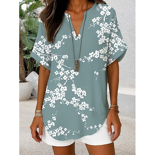  Mujer camisa boho Floral Graphic Elegante Diario Casual Manga Corta Escote en Pico Tops regulares Diario Festivos Verde salvia Morado Verde Trébol Verano Primavera