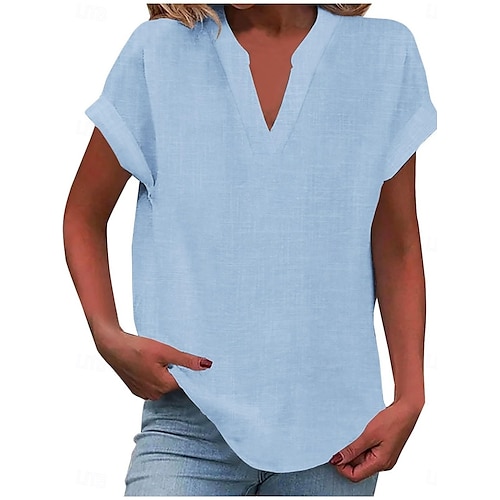 Mujer Camisa Color sólido Elegante Casual Manga Corta Escote en Pico Tops regulares Diario Negro Blanco Azul Piscina Albaricoque Verano Primavera