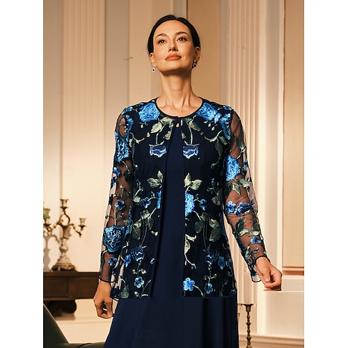  Damen Blazer Atmungsaktiv Spitze Bestickt Elegant Blumen Formell Regulär Rundhalsausschnitt Lässiger Schnitt Langarm Oberbekleidung Marineblau Sommer Frühling