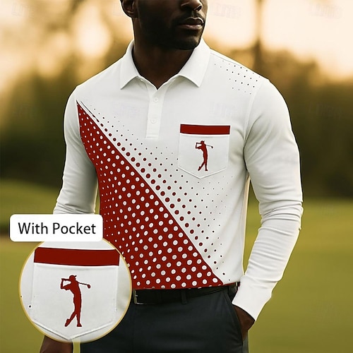  Men's Geometric Golf Sports Polo Shirts Long Sleeve Polo Shirts Collared Shirts Business Casual Business Athleisure Daily Wear Buttons Pocket 3D Print Spring Fall Winter White Red Blue
