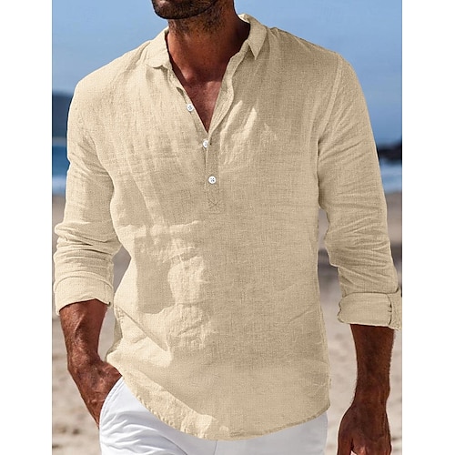  Men's Shirt Linen Shirt Summer Shirt Beach Wear Plain Vacation Casual Black White Blue Khaki Long Sleeve Lapel Spring & Summer Clothing Apparel