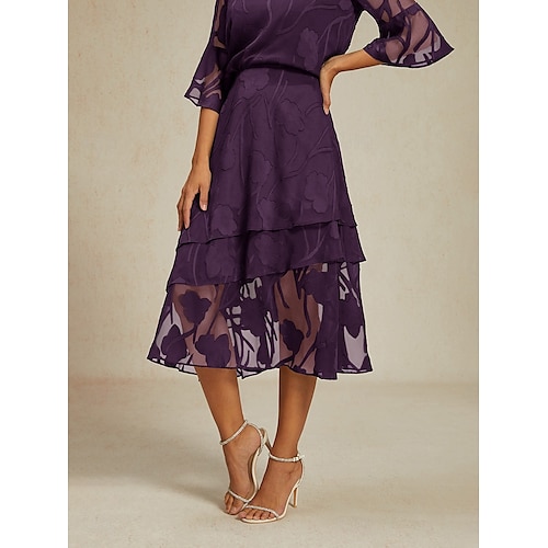  Damen Rock Elegant Midi Mittlere Taille Röcke Blumenmuster Geschichtet Unelastisch Party Lässig Aubergine Sommer Chiffon