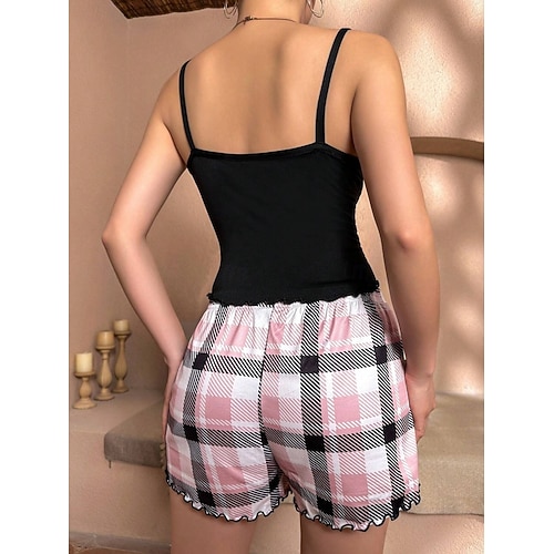  Dames Pyjamaset Casual Comfortabel Hart Raster / Plaid Brief Elastische taille Strap Top Korte broek Huis Dagelijks Mouwloos hihnat Zwart Wit Goud Bruin Zomer Normale pasvorm