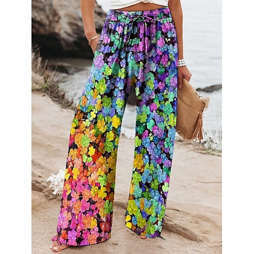  Femmes Culottes Jambe Large Jambe large Chinos Vacances ancien Mode Longueur complète Taille haute Fleuri Graphique Feuille Ceinture Élastique Impression Respirant Doux Micro-Élastique Vacances Rue