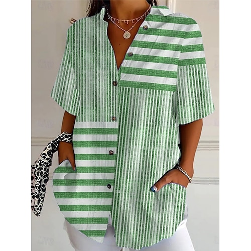  Femmes Chemise Graphique Géométrique Rayé ancien Élégant Moderne Manche Courte Col de chemise Hauts Réguliers Quotidien Vert Claire Rouge Bleu Violet Orange Été Printemps