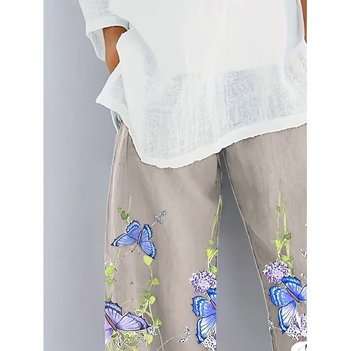  Dames Chinese Wijde broek Vakantie Vintage Etnische stijl Volledige lengte Hoge taille Bloemig Grafisch Vlinder Lapwerk Trekkoord Opdrukken Ademend Micro-elastisch Vakantie Straat Causaal Grijs Groen