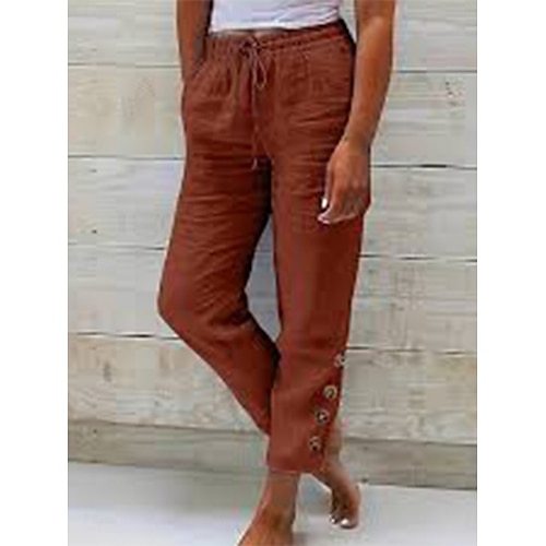  Femmes Pantalon en coton et lin Chinos Vacances ancien Mode Longueur complète Taille haute Uni Avec Poches Ceinture Élastique Confortable Doux Micro-Élastique Extérieur Rue Noir Blanche Vert clair