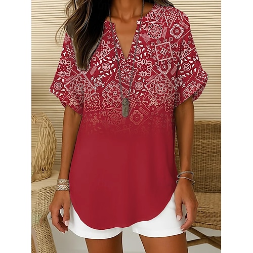  Femmes Chemise Bohème Fleuri Graphique Bohème Actif ancien Manche Courte Col en V Hauts Réguliers Quotidien Fête Tenue de plage Rouge Bleu Violet Beige Été Printemps