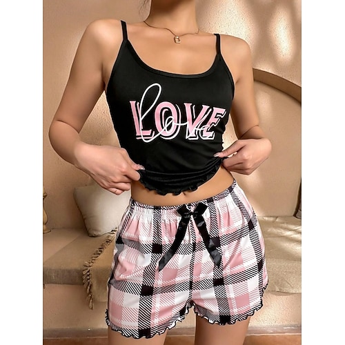  Dames Pyjamaset Casual Comfortabel Hart Raster / Plaid Brief Elastische taille Strap Top Korte broek Huis Dagelijks Mouwloos hihnat Zwart Wit Goud Bruin Zomer Normale pasvorm