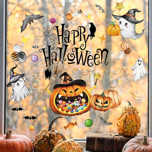 ハロウィンの窓用ステッカー、両面使えるカボチャとゴーストの静電気でくっつくステッカー、ハロウィンの窓用装飾に使える取り外し可能なガラスデカール