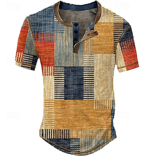  Per uomo Pop art A quadri Color Block Camicia Henley Waffle Manica corta Stampa 3D Vintage Di tendenza Originale Esterno Giornaliero Estate Giallo Rosso Blu Verde Blu scuro Henley Maglietta Henley