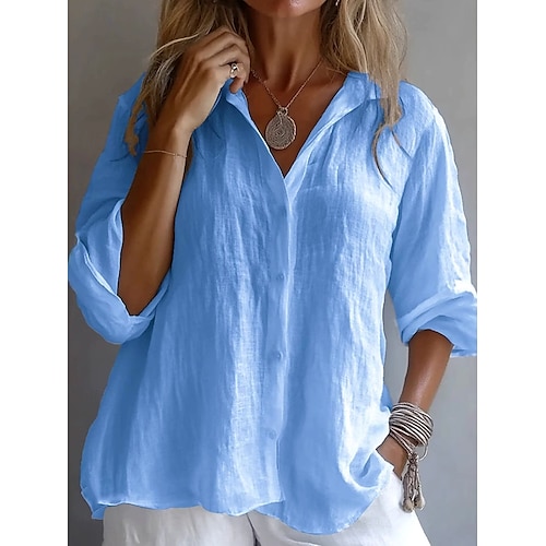  cămașă pentru femei 100% bumbac culoare uni simplu elegant casual mânecă lungă guler cămașă topuri obișnuite zi de zi vacanță nasturi alb galben roz albastru vară primăvară