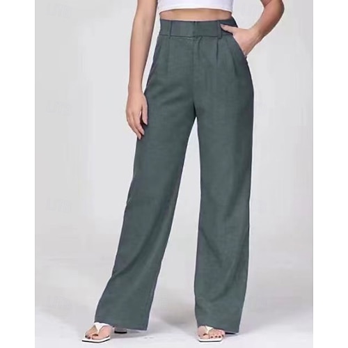 Women's Wide Leg Slacks Streetwear Casual Full Length Natural Plain Pocket Elastic Waist Comfy Outdoor Comfortable Vacation Going out Navy Apricot Grey Black Fall Regular Fit