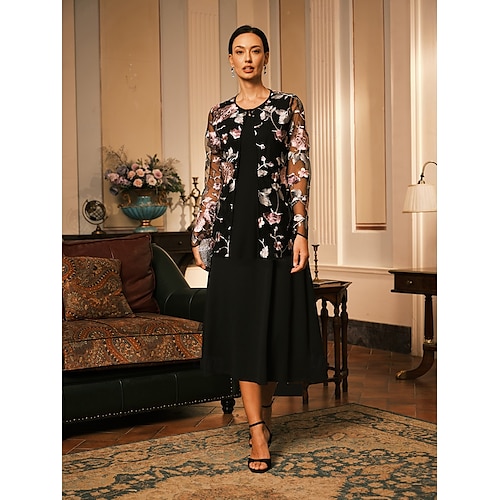  Damen Blazer Atmungsaktiv Spitze Bestickt Elegant Blumen Formell Regulär Rundhalsausschnitt Lässiger Schnitt Langarm Oberbekleidung Schwarz Sommer Frühling