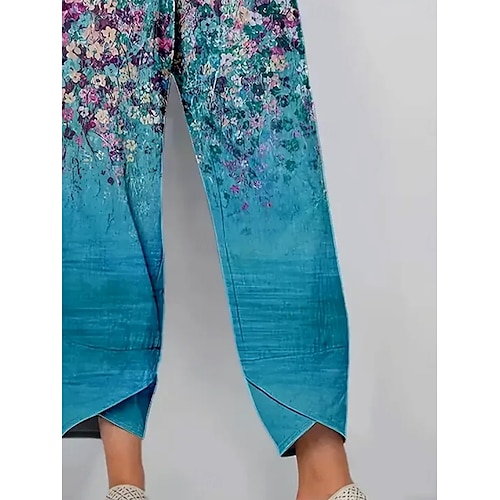  Dames Chinese Wijde broek Vakantie Vintage Etnische stijl Enkellengte Hoge taille Bloemig Grafisch Verloop Lapwerk Trekkoord Opdrukken Ademend Micro-elastisch Vakantie Straat Causaal Meerblauw