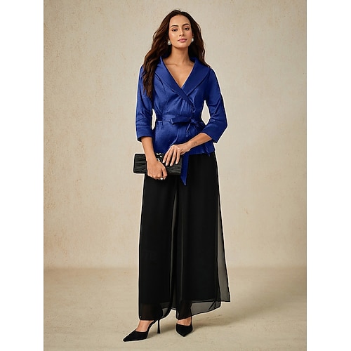  Dame Bluse Kveldstopper Elegant metallic Stilfull 3/4 ermer V-hals Vanlige topper Bryllupsgjest Aftenselskap Semi-formelt knyte foran Marineblå Vår, Høst, Vinter, Sommer