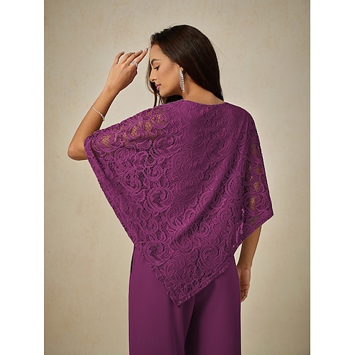 Women's Blouse Dressy Tops Plain Elegant Half Sleeve Crew Neck Regular Tops Wedding Guest Daily Lace Patchwork Layered Purple Summer Spring