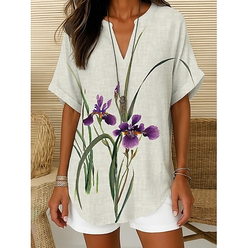  Femmes Chemise Bohème Fleuri Graphique Bohème ancien Tropical Manche Courte Col en V Hauts Réguliers Quotidien Fête Tenue de plage Blanche Bleu Beige Été Printemps