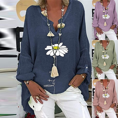  Damen Baumwoll-Leinen-Hemden Gänseblümchen Basic Lässig Langarm Hemdkragen Normale Oberteile Täglich Druck Rosa Marineblau Purpur Grün Sommer Herbst