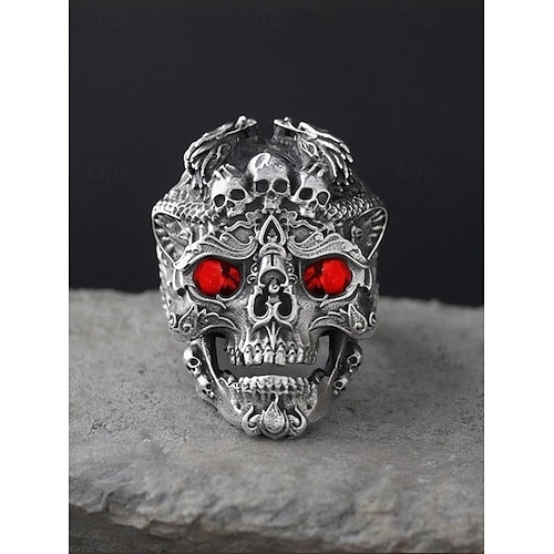 Gothic-Totenkopfring für Herren mit roten Kristallen, Legierungsmaterial, Vintage-Design für Halloween-Partys, Punk-Stil und Retro-Anlässe
