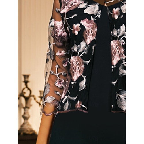  Femmes Blazer Léger Dentelle Broderie Élégant Fleuri Formel Court Col Rond Coupe Ample Manche 3/4 Vêtements d'extérieur Noir Été Printemps