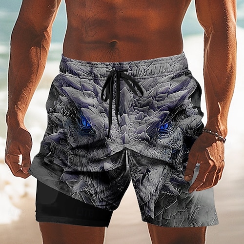  Per uomo Animale Drago 3D Pantaloncini foderati Pantaloncini da bagno 2 in 1 Pantaloncini da mare Misura del girovita medio Stile gotico oscuro Ferie Tasche Laterali Con Fodera a Compressione