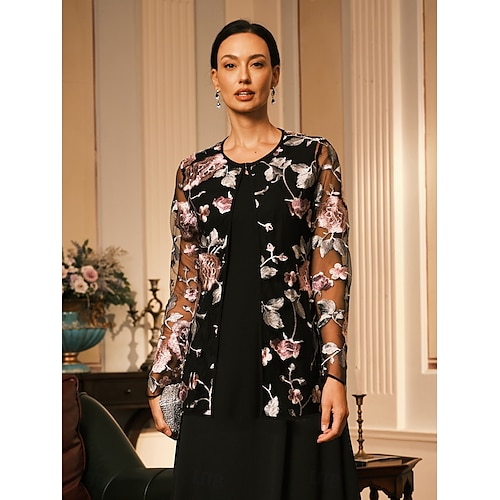  Damen Blazer Atmungsaktiv Spitze Bestickt Elegant Blumen Formell Regulär Rundhalsausschnitt Lässiger Schnitt Langarm Oberbekleidung Schwarz Sommer Frühling