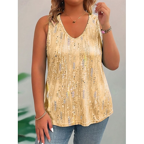  dámská tílka plus size s grafickým vzorem, abstraktní, bez rukávů, výstřih do V, ležérní, denní, pletené, léto, žlutá, růžová