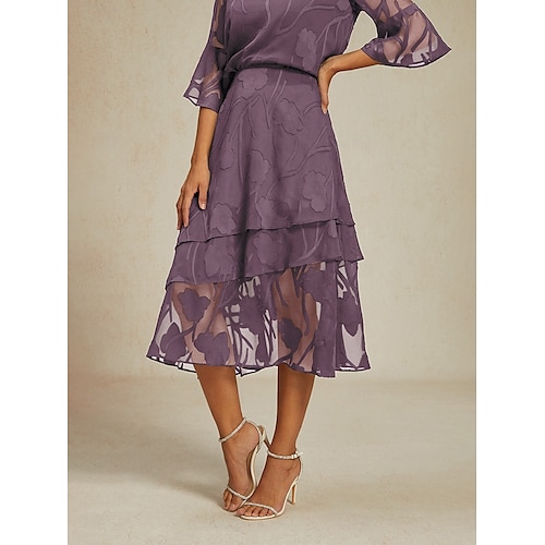  Damen Rock Elegant Midi Mittlere Taille Röcke Blumenmuster Geschichtet Blumen Unelastisch Party Lässig Violett Sommer Chiffon