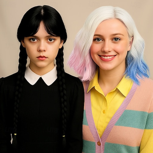  Perucconi di Mercoledì Addams Parrucca Lunga Nera Intrecciata Carina Capelli Naturali Morbidi con Cappello per Parrucca Intrecci Cotoni Sintetici per Festa Cosplay Perucconi di Halloween
