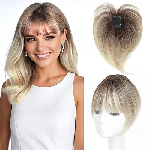 10 Inch Straight Hair Topper Clip with Bangs for Thinning Hair 10-inch Real Hair Top Piece Bangs Clip-in Extension Natural  main image 3