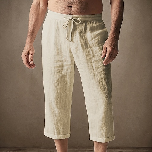  Men's Capri Pants Linen Shorts Summer Shorts Beach Shorts Pocket Elastic Waist Drawstring Plain Comfort Breathable Calf-Length Vacation Holiday Beach Hawaiian Boho Black White