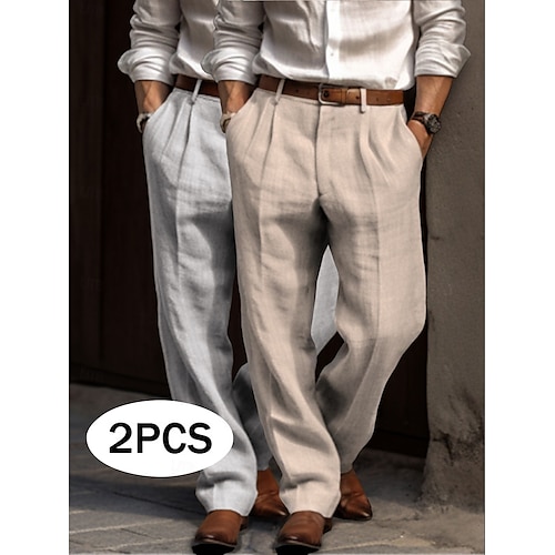 Men's Dress Pants Linen Pants Trousers Summer Pants Pleated Pants Front Pocket Straight Leg Plain Comfort Breathable Full Length Outdoor Casual Daily Vacation Fashion Green+Gray Black+Grey
